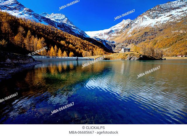 Reflections in the blue lake of Alp Grum in autumn. In the background the snowy peaks and glacier Palù. Poschiavo Valley Canton of Graubünden Switzerland Europe