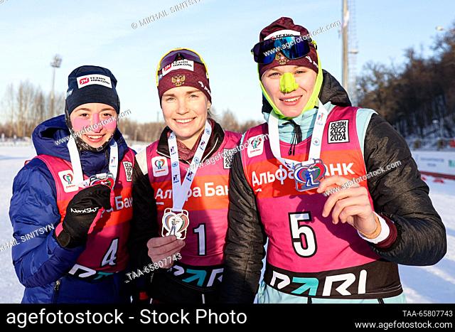 RUSSIA, UFA - DECEMBER 16, 2023: Silver medallist Anastasia Shevchenko of Russia, gold medal winner Tamara Derbusheva of Russia and bronze medallist Irina...