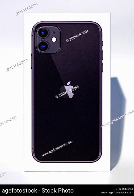 A picture of the Apple iPhone 11 box as seen from the front