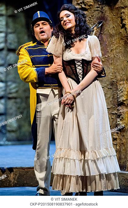 Canadian mezzo soprano Mireille Lebel (right) as Carmen and Raul Gabriel Iriarte as Don Jose in Bizet's opera Carmen during the rehearsal in the National...
