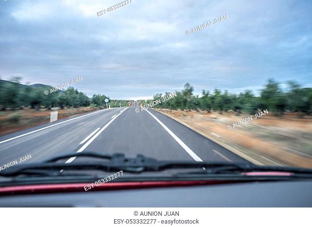 Driving along olive trees fileds of South Spain. Motion blurred shot