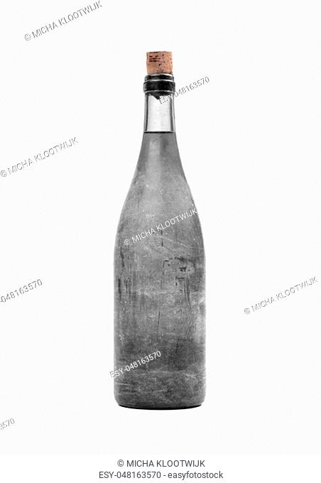 Old bottle of wine, covered in dust, isolated on white