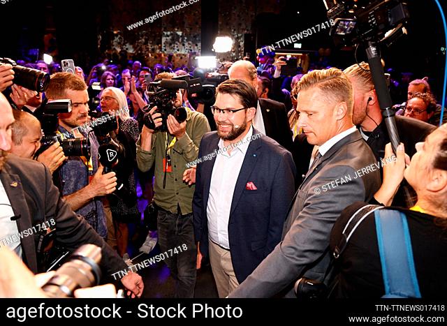 The leader of the Sweden Democrats Jimmie Åkesson delivers a speach at the party's election watch at Elite Hotel Marina Tower Tower in Nacka