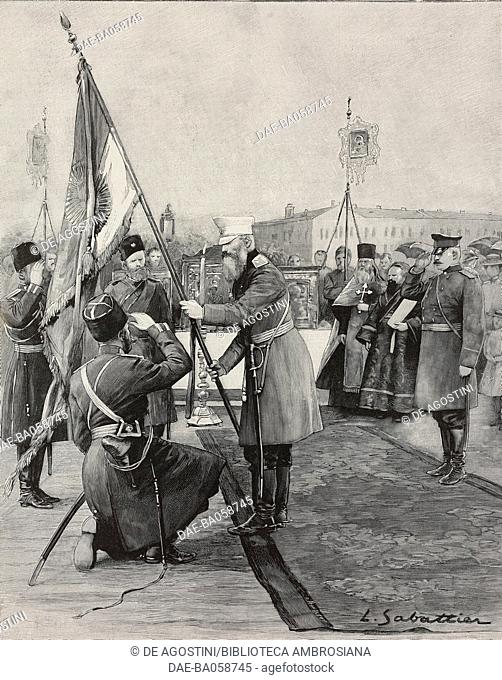 Cossack colonel receiving his regiment flag on bended knee, Omsk, Russian army in Siberia, Russia, illustration by Louis Sabattier from L'Illustration, No 3004