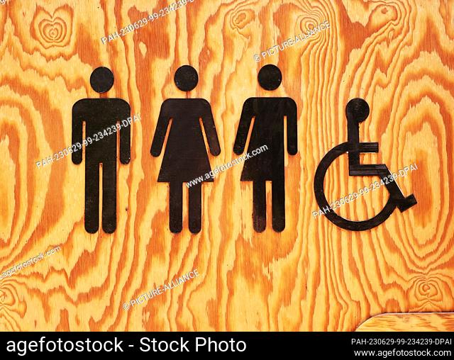 10 June 2023, Berlin: 10.06.2023, Berlin. Symbols on the wooden door of a toilet on the grounds of an alternative project in Kreuzberg show the signs for man