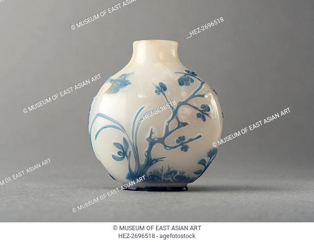 White glass snuff bottle with blue overlay, China, Qing dynasty, 1644-1911. Creator: Unknown