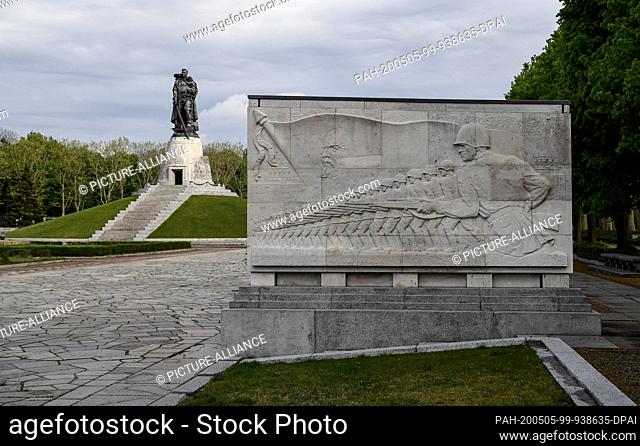 04 May 2020, Berlin: The sculpture ""The Liberator"" at the Soviet Memorial in Treptow Park. Completed in May 1949, it was erected by order of the Soviet troops...