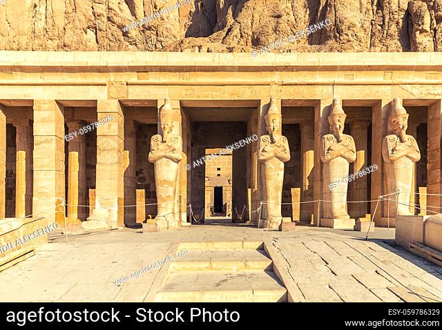 Hatshepsut Temple, upper terrace statues in the entrance, Luxor, Egypt