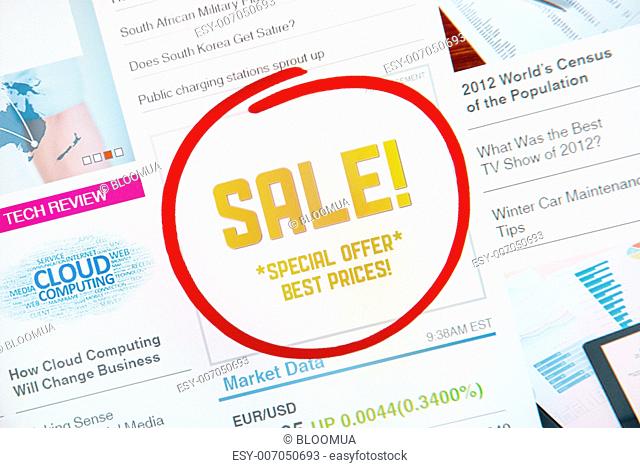 Internet advertisement with text SALE and SPECIAL OFFER and red circle selection around