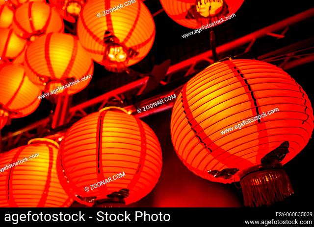 red lantern hanging up in the night at Chinese new year