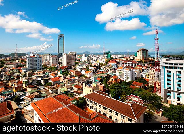 HUE, VIETNAM - SEPTEMBER 20, 2018: Aerial views over Hue City in Vietnam on a bright sunny morning