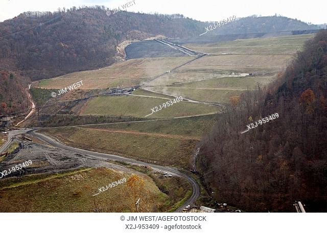 Sylvester, West Virginia - The coal sludge impoundment dam at Massey Energy's Elk Run complex  Impoundments hold liquid and solid wastes from the coal mining...