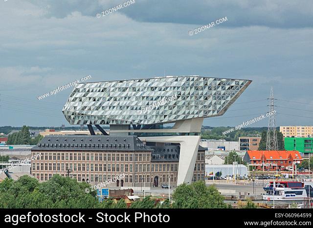 Antwerp, Belgium - June 16, 2017: Port of Antwerp design Zaha Hadid, former fire station with a massive sculpture on top with diamond shaped glass