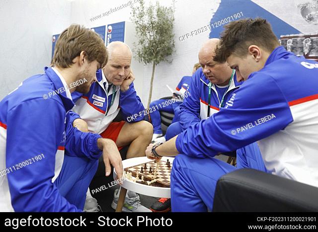 (L-R) Tennis player Tomas Machac, coach Daniel Vacek, physiotherapist Pavel Kovac and tennis player Jakub Mensik of Czech team before the final group matches of...