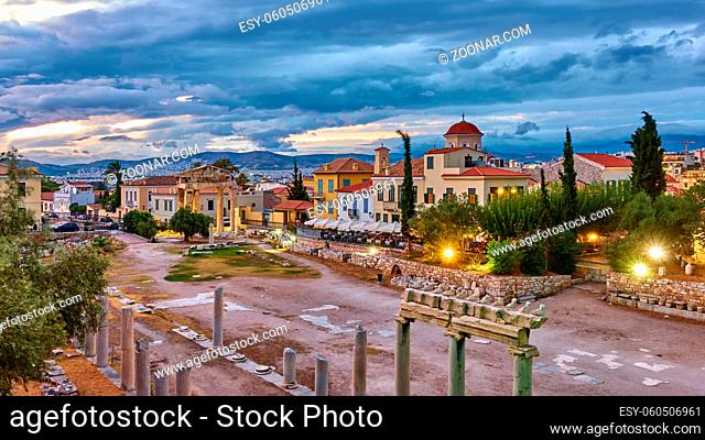 Roman Agora in the old town of Athens at twilight, Greece. Panoramic cityscape, greek landmark