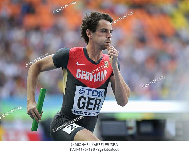 Jonas Plass of Germany competes in the Men's 4x400 Metres Relay heat at the 14th IAAF World Championships in Athletics at Luzhniki Stadium in Moscow, Russia