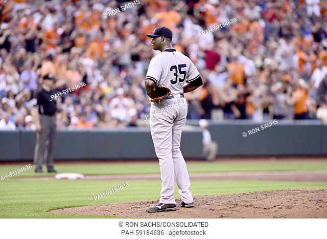 New York Yankees starting pitcher Michael Pineda (35) reacts after giving up a 3 run home run in the third inning to Baltimore Orioles first baseman Chris Davis...