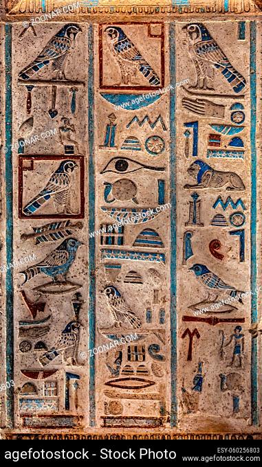 ancient egypt color hieroglyphics on wall of temple