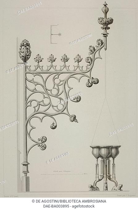 Font in the Collegiate church of Saint Peter in Leuven, Belgium, drawing by Eugene Laval, engraving by J Huguenet, from L'Architecture du V au XVI siecle et les...