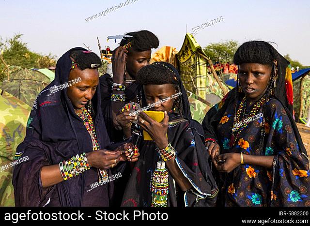 Young girls at the Gerewol festival, courtship ritual competition among the Woodaabe Fula people, Niger, Africa
