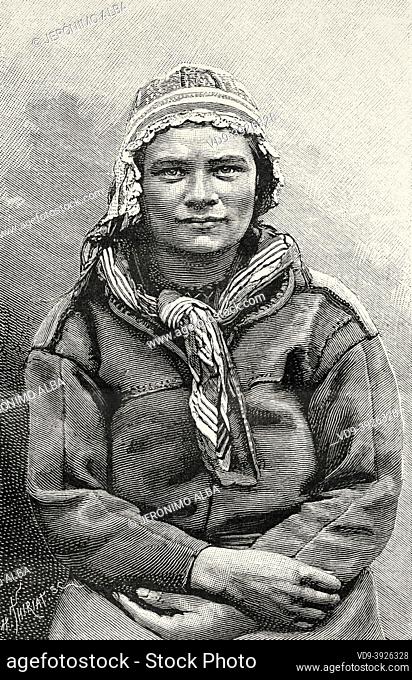 Lapland woman. Old 19th century engraved illustration from La Nature 1885