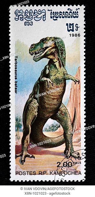 Tarbosaurus bataar, postage stamp, Cambodia Kampuchea, 1986