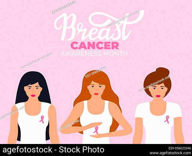 National Cancer Awareness Month. A group of women in t-shirt with a pink ribbon