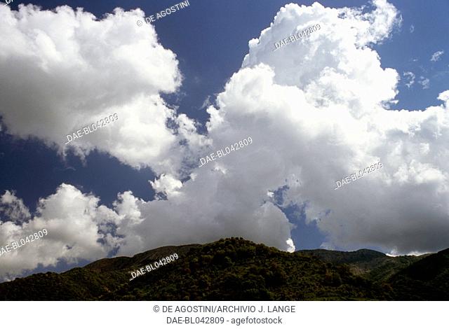 Clouds on a mountainous range near the Ladonas river, Peloponnese, Greece