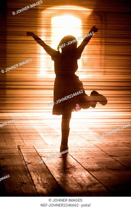 Silhouette of girl dancing on wooden floor