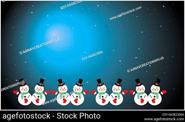 several snowman in an abstract moon night background