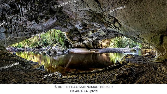 Moria Gate Arch, natural limestone tunnel, rock arch over Oparara River, Oparara Basin, Kahurangi National Park, Karamea, West Coast region, South Island