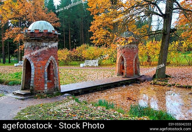Morning walk in Catherine Park in Tsarskoye Selo, autumn landscape and the Red Cascade Bridge