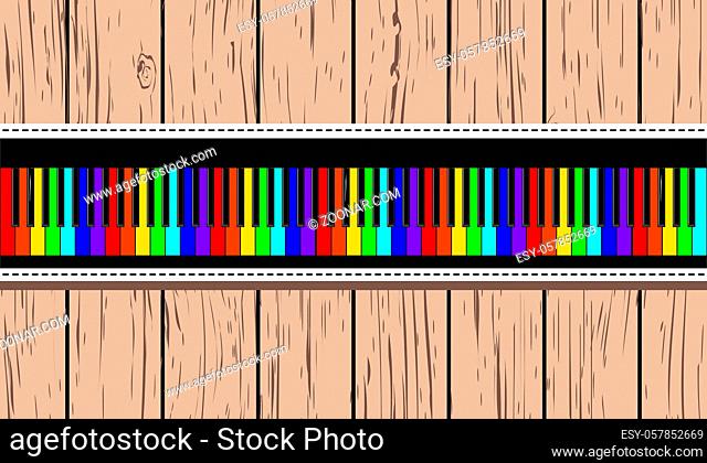 Wooden card with rainbow piano. Vector illustration EPS8