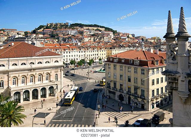 View over Rossio to St. George's Castle, Lisbon. Portugal