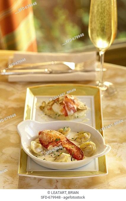 Lobster Tortellini in a White Dish, Glass of Champagne