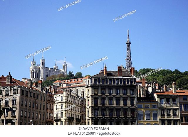 Tour Metallique and Basilique Notre-Dame de Fourviere dominate the skyline in the city of Lyon. Date shot 14, 6, 2009
