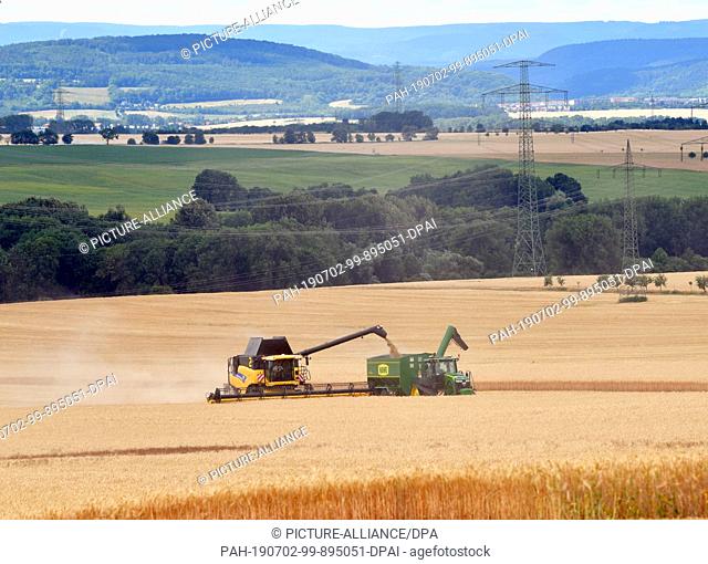 02 July 2019, Thuringia, Elxleben: A combine harvester drives over a grain field during harvesting and fills grain into a trailer