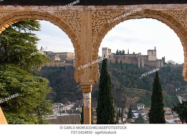 The Alhambra seen from a bar in the Albaycin neighborhood, Granada, Andalusia, Spain
