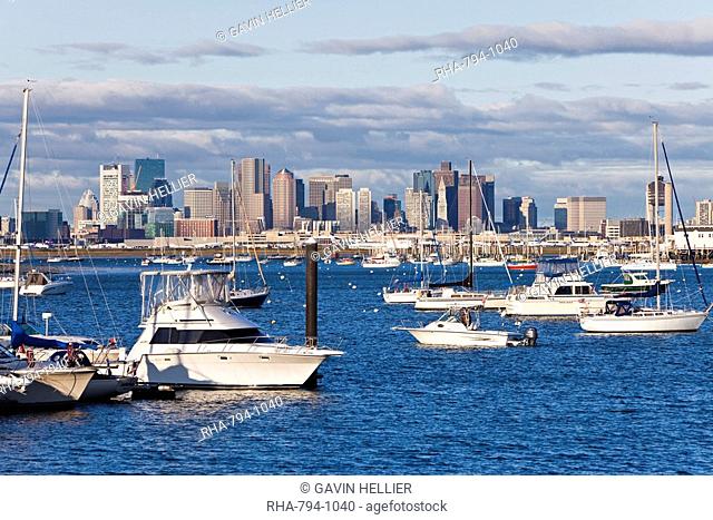 City skyline and boats moored in the harbour, Boston, Massachusetts, New England, United States of America, North America