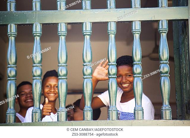 Children inside of the classroom of a school at the historic center, Cartagena de Indias, Bolivar, Colombia, South America