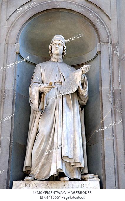 Statue of Leon Battista Alberti, Uffizi art museum, Galleria degli Uffici, Florence, Tuscany, Italy, Europe