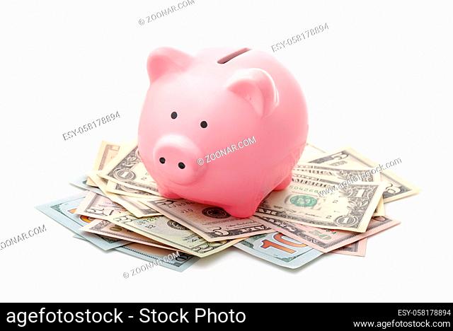 Pink piggy bank and US dollars notes isolated on white