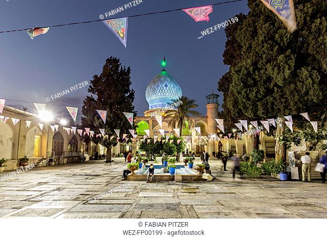 Iran, Shiraz Province, Shiraz, Ali Ibn Hamzeh Holly Shrine in the evening