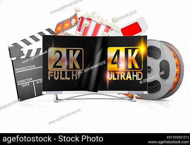 4K TV, popcorn and film strip on a white background