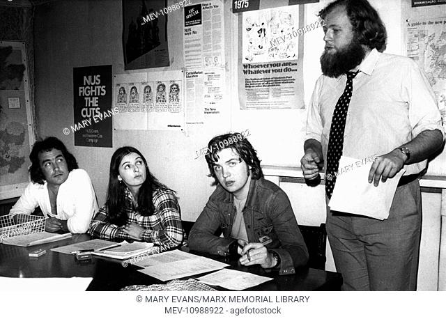 NUS President Charles Clarke (standing, b.1950, later a Labour MP and Cabinet Minister)) with NUS executive colleagues, from left to right, Alastair Stewart (b