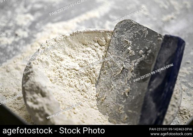 21 November 2023, Brandenburg, Beelitz: At the Exner bakery, a dough divider is placed in a bowl of flour. The bakery works by hand according to its own recipes...