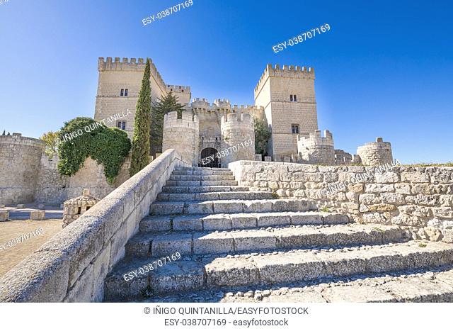 ancient stones stairs to landmark and monument of fifteenth century, castle in Ampudia village, Palencia, Castile Leon, Spain, Europe