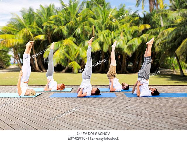 yoga, fitness, sport, and healthy lifestyle concept - group of people making supported shoulderstand pose on mat outdoors over exotic natural background with...