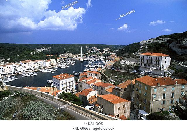 High angle view of houses in town, Bonifacio, South Corsica, France