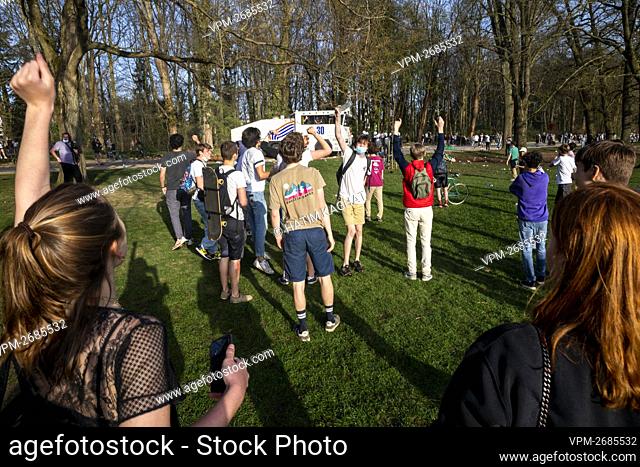 Illustration picture shows protesters at the Bois de La Cambre - Ter Kamerenbos, in Brussels, Thursday 01 April 2021. The Brussels local police started the...